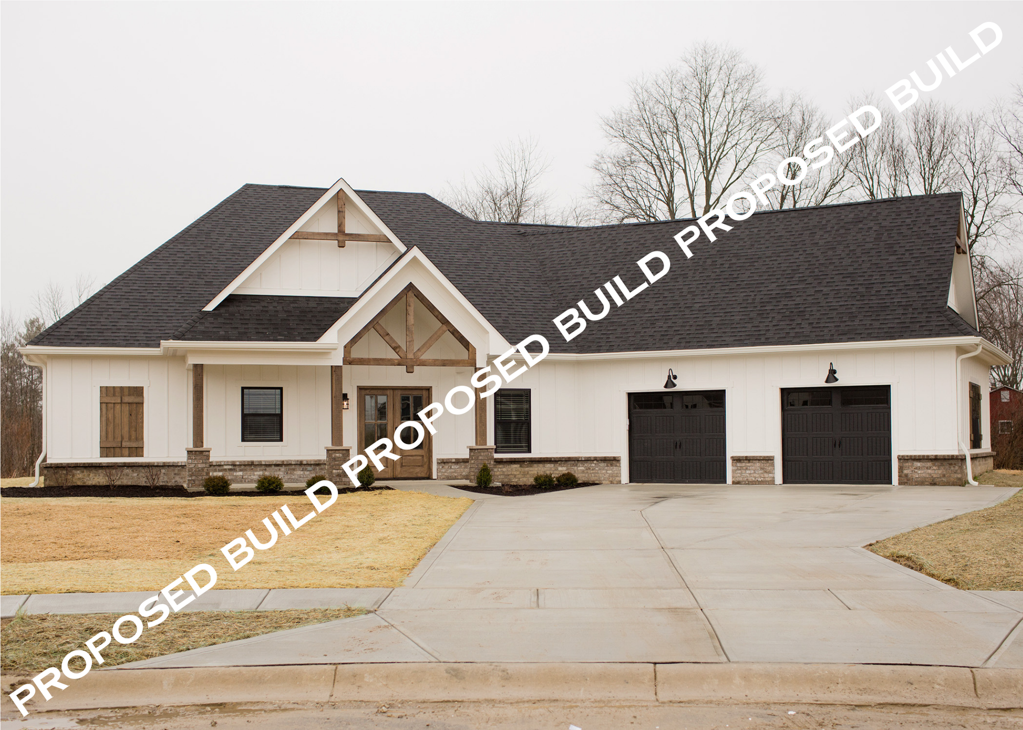 Single-level home white with black garage doors and window trim